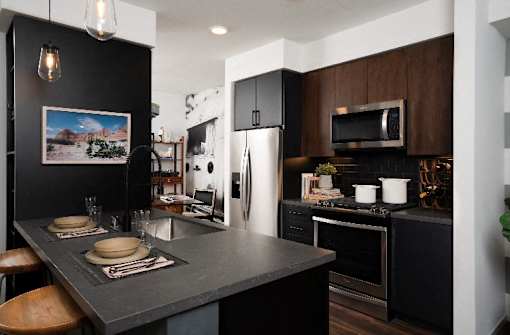 Kitchen with stainless steel appliances at Vida North Park, San Diego, 92104