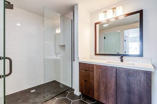 Bathroom walk in shower at Vida North Park, San Diego, California