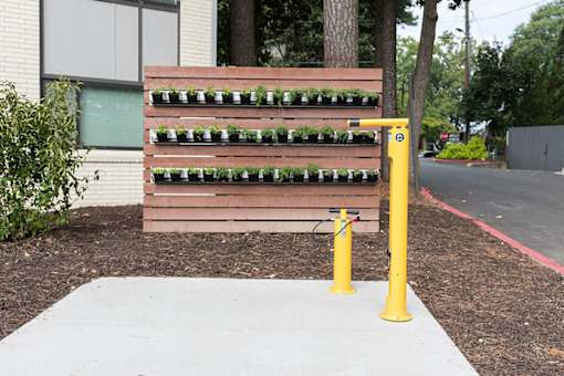 A yellow pole stands next to a wooden planter with green plants.
