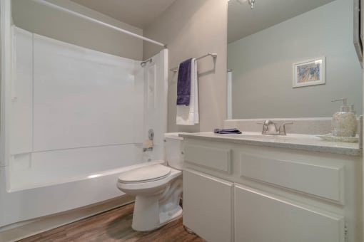 Bathroom with tub shower at Monterra Ridge Apartments, Canyon Country, CA, 91351