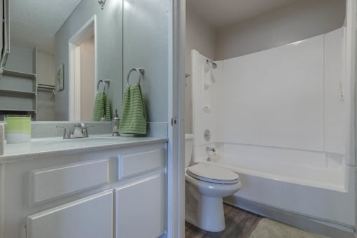 Bathroom with vanity and tub shower view at Monterra Ridge Apartments, Canyon Country ,91351