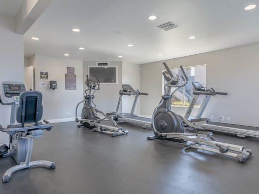 the gym is equipped with cardio equipment and treadmills