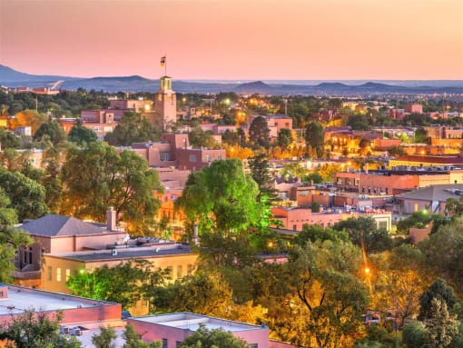 an aerial view of the city at sunset  at Altitude at Vizcaya, Santa Fe, 87505