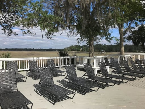 Lounge chairs on deck at West Wind Landing, Savannah, Georgia.