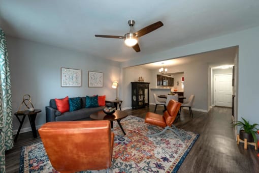 Spacious living room connected to the dining area.