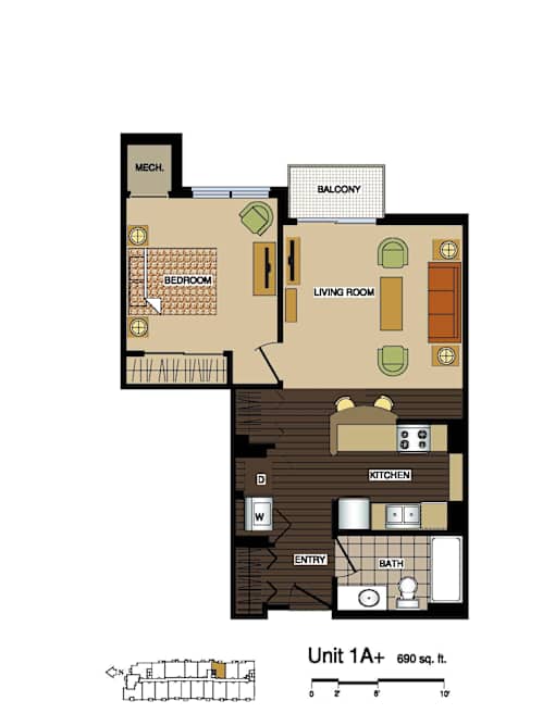 2d floorplan of a 1 bedroom, 1 bathroom unit