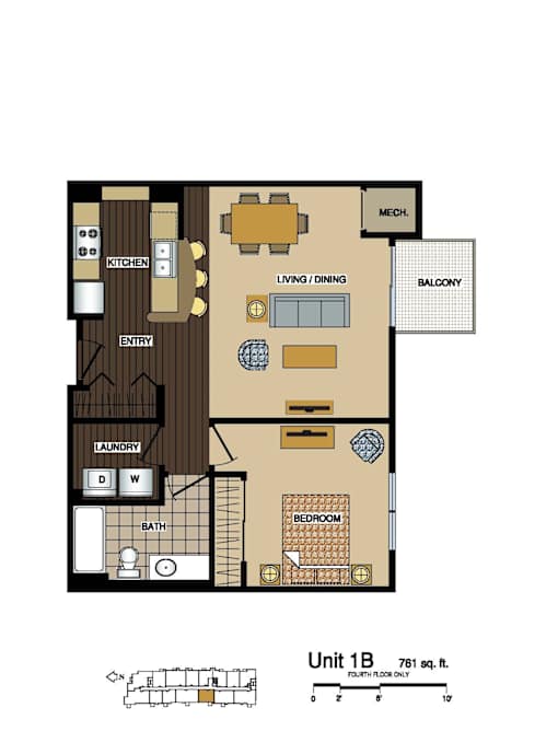 2d floorplan of a 1 bedroom, 1 bathroom unit