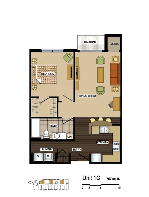 2d floorplan of a 1 bedroom, 1 bathroom unit