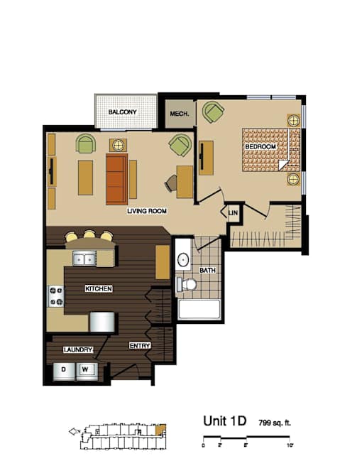 2d floorplan of a 1 bedroom, 1 bathroom unit