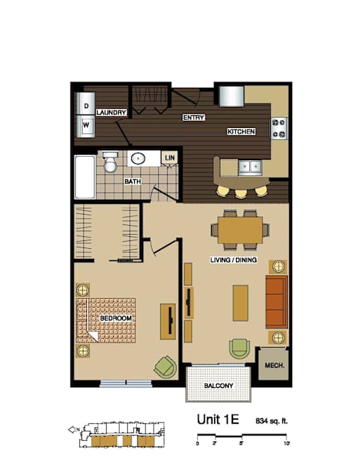 2d floorplan of a 1 bedroom, 1 bathroom unit