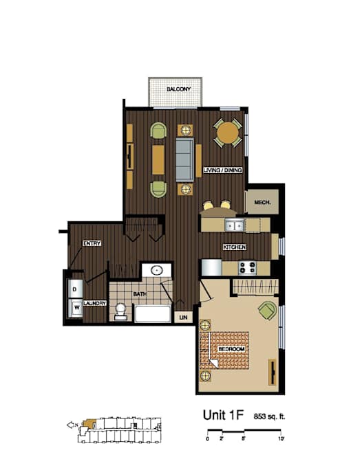 2d floorplan of a 1 bedroom, 1 bathroom unit