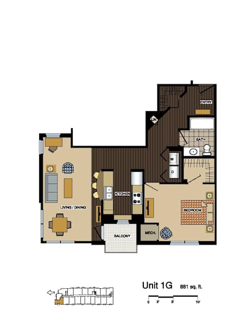 2d floorplan of a 1 bedroom, 1 bathroom unit