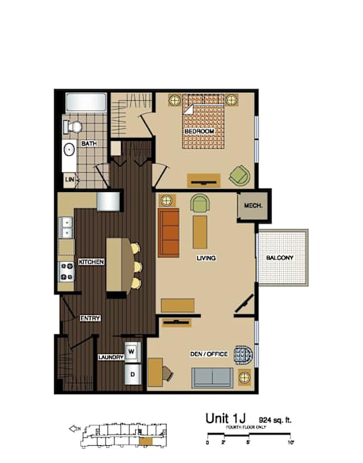 2d floorplan of a 1 bedroom, 1 bathroom unit