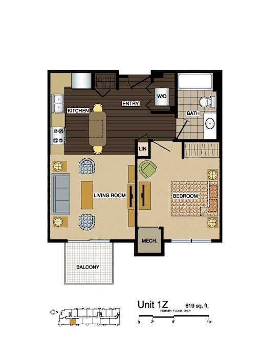 2d floorplan of a 1 bedroom, 1 bathroom unit