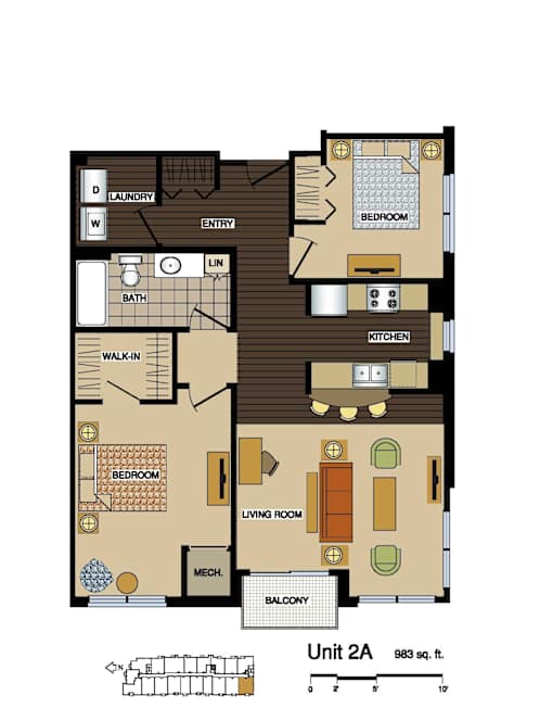 2d floorplan of a 2 bedroom, 1 bathroom unit