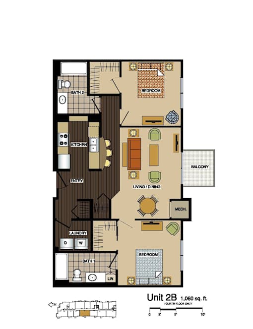 2d floorplan of a 2 bedroom, 2 bathroom unit