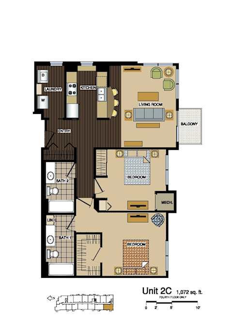 2d floorplan of a 2 bedroom, 2 bathroom unit