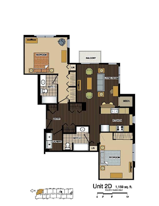 2d floorplan of a 2 bedroom, 2 bathroom unit