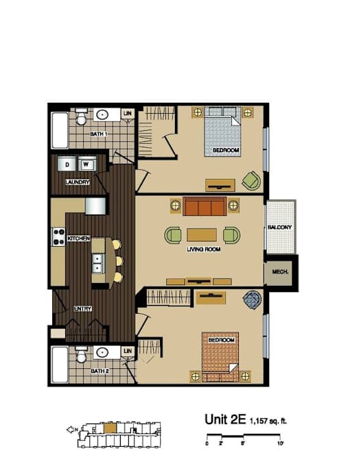 2d floorplan of a 2 bedroom, 2 bathroom unit