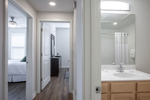Hallway view of bathroom sink and bedrooms, Beecher Terrace Apartments, Louisville, KY