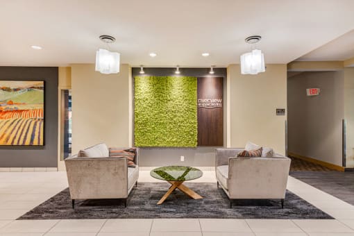 Lobby with bright lighting and compact seating