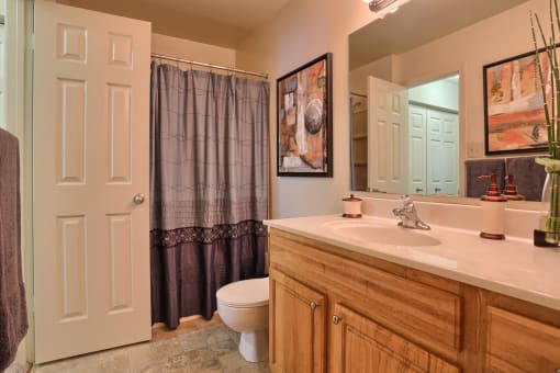 large bath with wood vanity