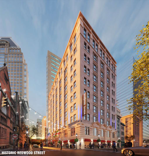 a rendering of a tall building on a city street