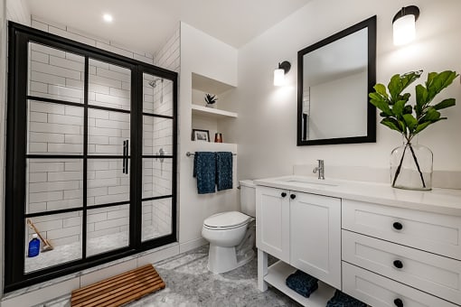 Bathroom with white interior at The Glover House, Washington