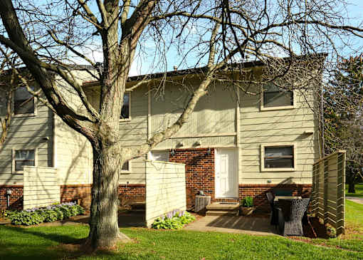 A house with a white door and a tree in front.