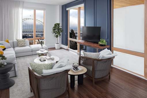 A modern living room at The Fitz Apartments, Portland, OR 97210