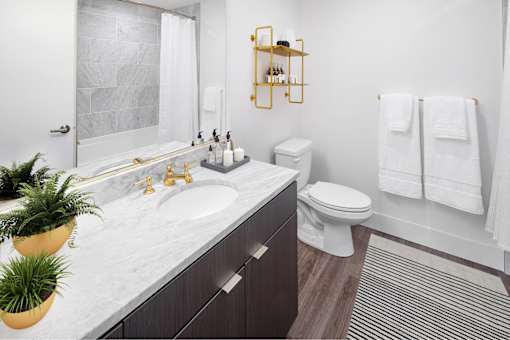 A bathroom with a marble countertop and a white toilet at The Fitz Apartments, Oregon