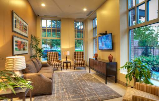 Liberty Gateway Apartments, Salt Lake City, Utah, lounge area with a brown couch, a chair, a table, a lamp, a plant, a rug, a television, and a painting on the wall.