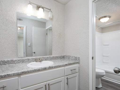 A bathroom with a sink, mirror, and toilet.
