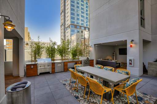 A patio with a table and chairs.is surrounded by buildings.