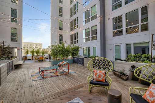 A patio with a table and chairs. is surrounded by buildings.