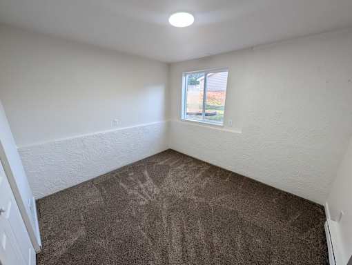 A room with a carpeted floor and a window.
