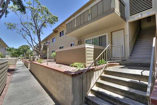 A concrete staircase leads up to a building entrance.