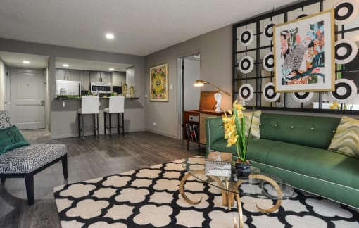 kitchen view with living room view