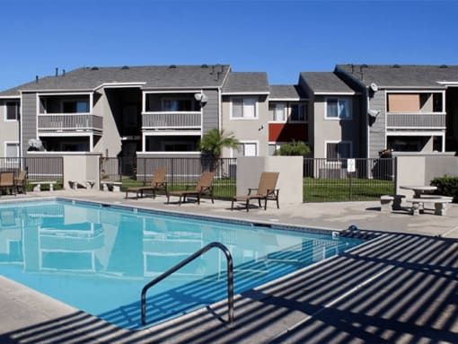Pool Side Relaxing Area at Park West Apartments, Chino, California