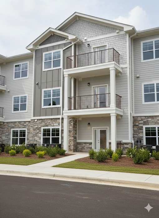 A modern two-story apartment building with a balcony on the second floor.