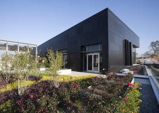 A modern black building with a garden in front.