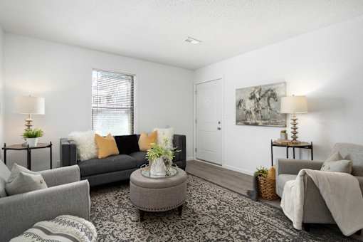 A living room with a grey sofa, a grey armchair, a grey coffee table, and a grey rug.