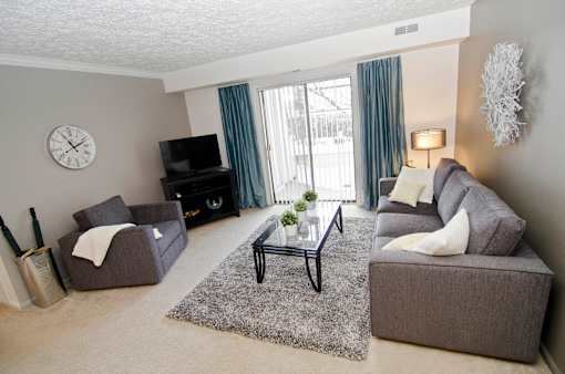 a living room with a couch and a coffee table and a tv