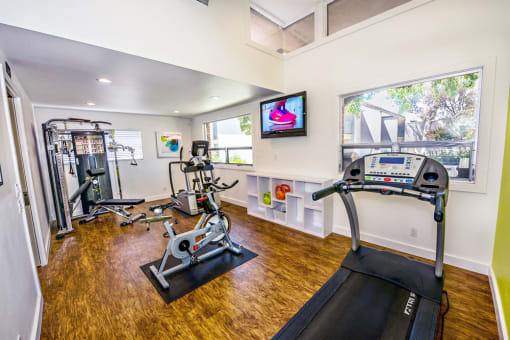 The Biltmore gym can be entered from the recreation room. It is a small gym with a treadmill, bicycle and a weight station. The gym has windows that look out to the main pool area.