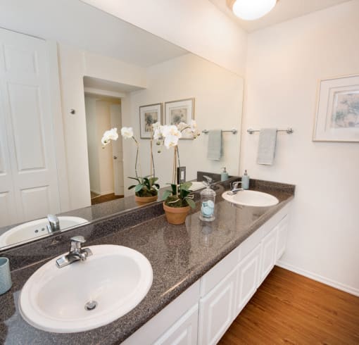 The bathroom has a double sink in this particular unit. There are white cabinets under the countertop. The flooring is wood style flooring. The bathroom comes with a shower tub and white walls.