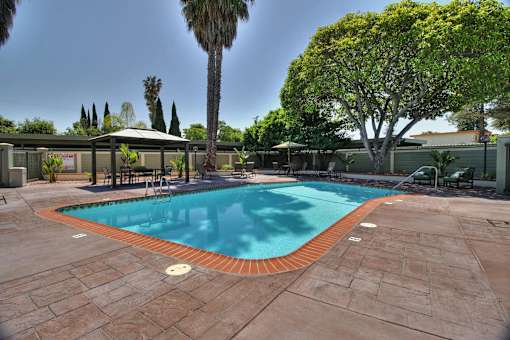 A pool surrounded by trees and a patio area.