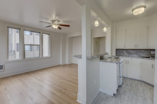 Updated Studio Kitchen & Living Space at Stockbridge Apartment Homes, Seattle, WA
