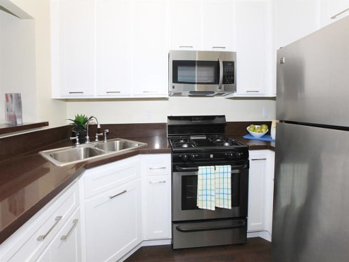 White kitchen cabinets and stainless steel appliances