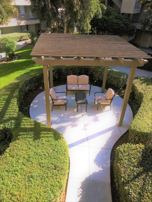 Outdoor seating area near the grass
