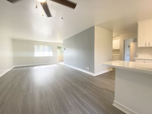 Living room, ceiling fan, and counter